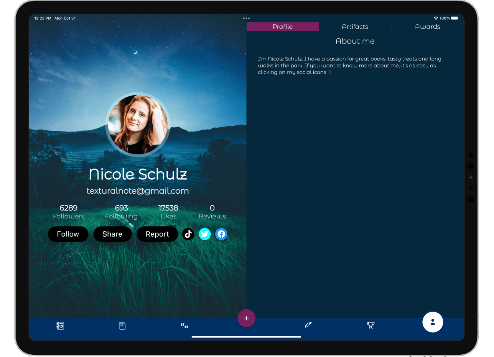 Screenshot designed to show support for tablet viewing and also the presence of night mode.